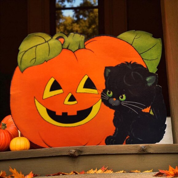 Vintage Halloween Black Cat Jack O Lantern Die Cut Retro Paper Decoration 1970s - Picture 1 of 8
